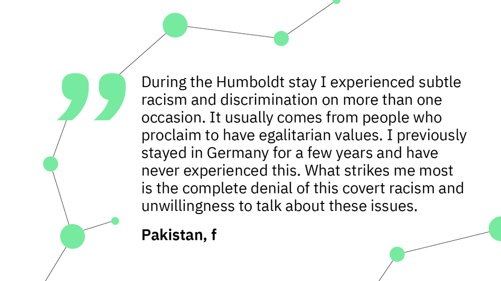 Quote:“During the Humboldt stay I experienced subtle racism and discrimination on more than one occasion. It usually comes from people who proclaim to have egalitarian values. I previously stayed in Germany for a few years and have never experienced this. What strikes me most is the complete denial of this covert racism and unwillingness to talk about these issues.” (Pakistan, f)