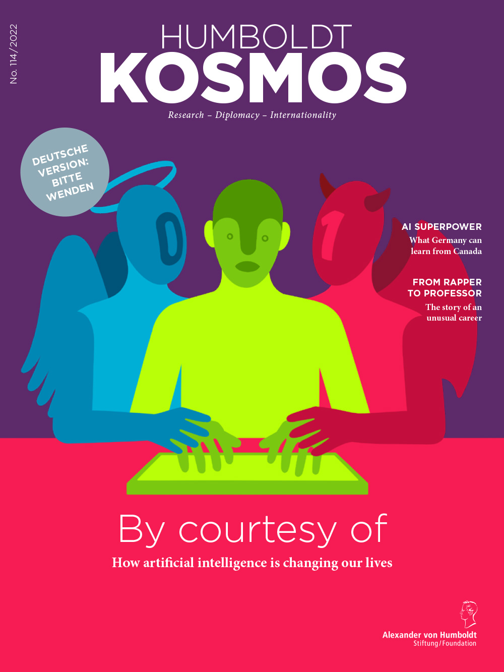 Cover of the magazine with symbolic image for advantages and disadvantages of artificial intelligence: A human being, between an angel and a devil figure, touches a tablet PC with his hands.