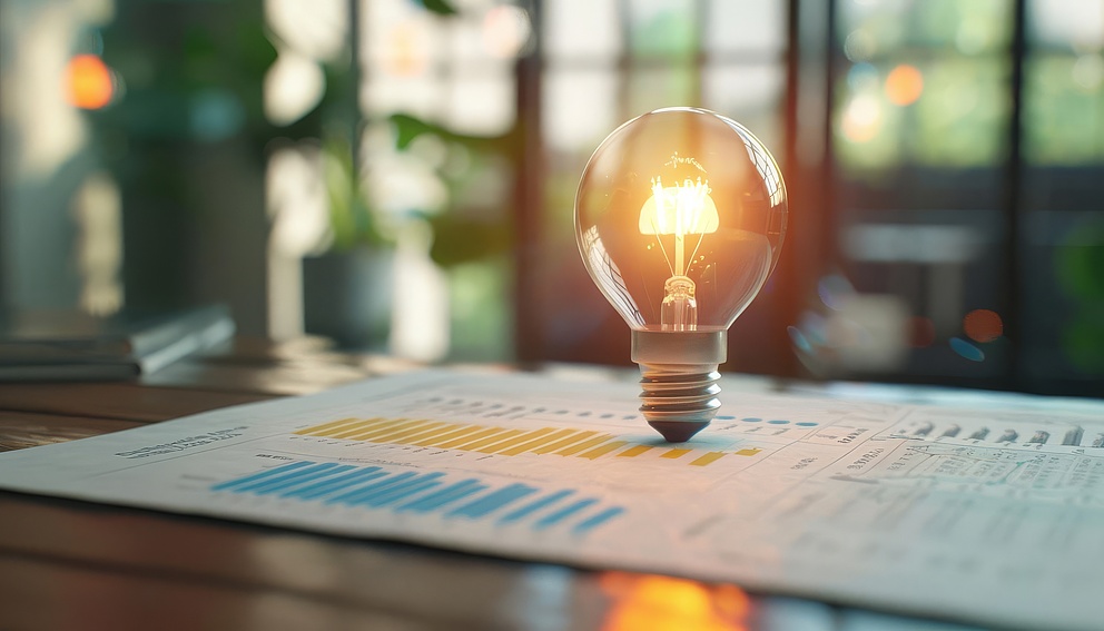 Ein Foto einer einzelnen Glühbirne, die Dokumente beleuchtet 