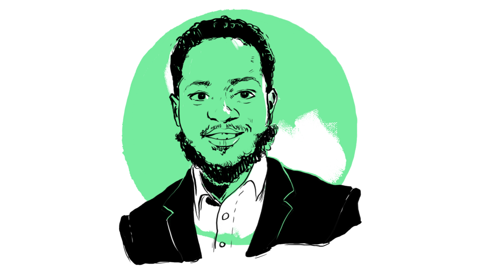 Das stilisierte Porträt zeigt einen lächelnden Mann im Anzug vor einem kreisförmigen hellgrünem Hintergrund.