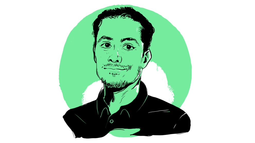 In einem stilisierten Porträt lächelt der Mann, während der grüne Hintergrund eine lebendige Atmosphäre schafft.