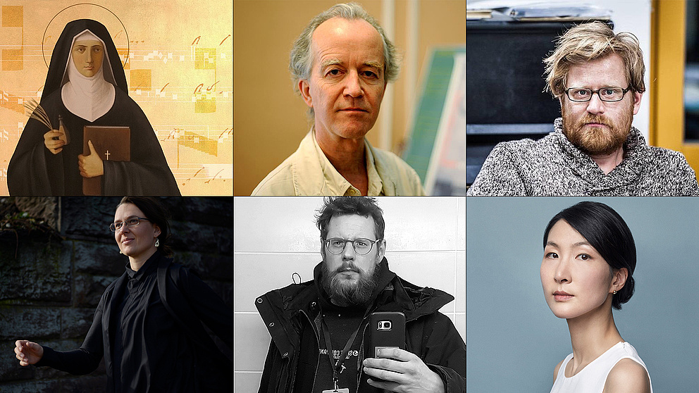 Porträts der Komponist*innen Hildegard von Bingen, Peter Ablinger und Martin Schüttler sowie der Künstler*innen Annedore Hacker-Jakobi, Stefan Kraus und Sun-Young Nam