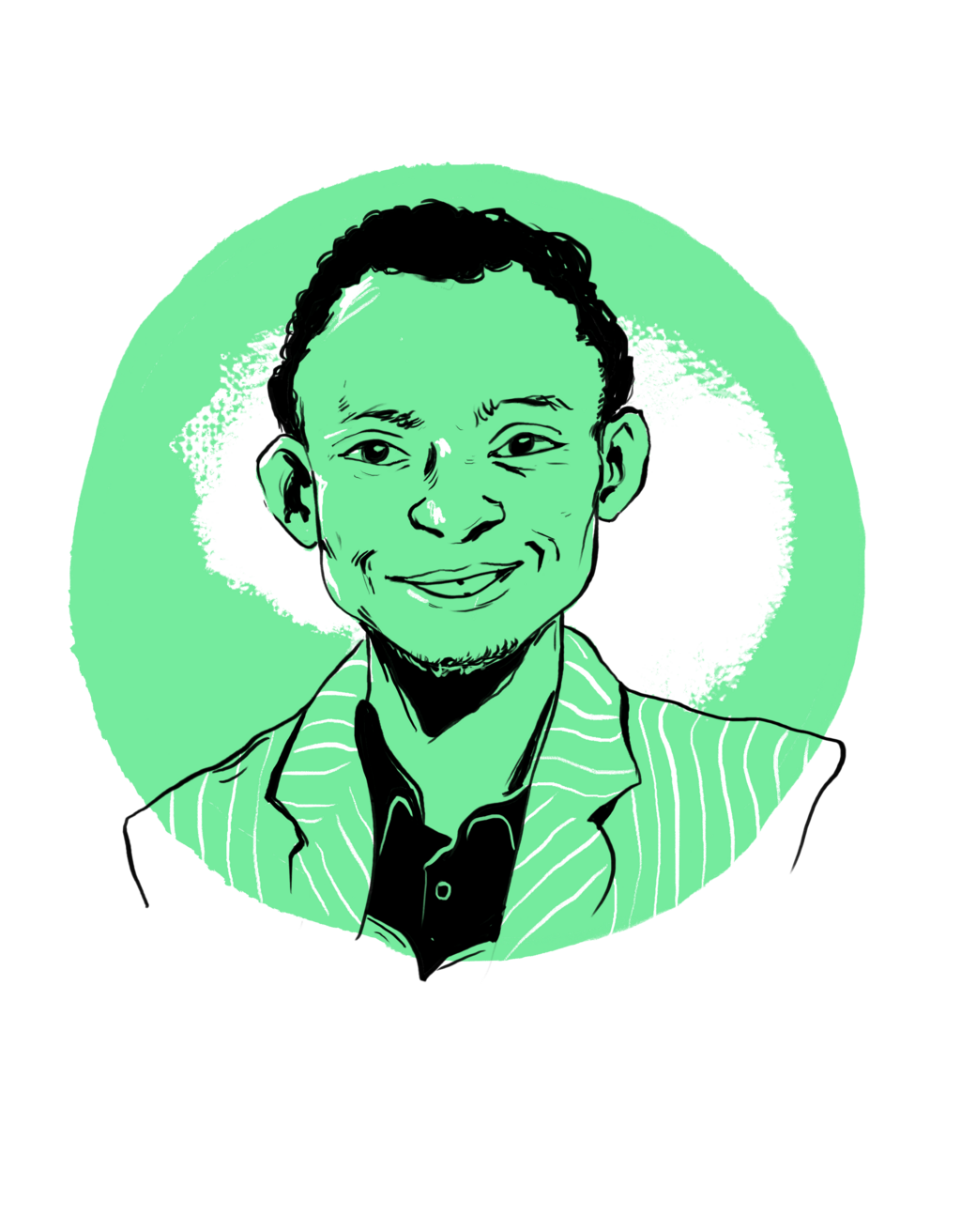 Das stilisierte Porträt zeigt einen lächelnden Mann mit lockigem Haar, der einen gestreiften Anzug trägt und vor einem kreisförmigen hellgrünem Hintergrund steht.