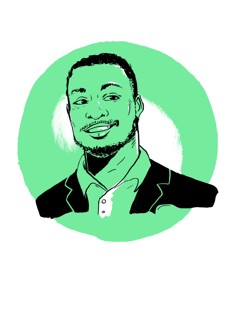 Das stilisierte Porträt zeigt einen lächelnden Mann in einem schwarzen Anzug mit einem weißen Hemd, vor einem kreisförmigen hellgrünem Hintergrund.
