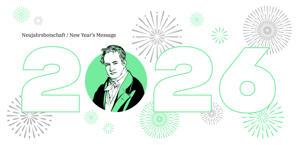 Im Corporate Design und der grünen Farbe der Humboldt-Stiftung stilisierte Jahreszahl 2026. Aus der Null schaut der Kopf von Alexander von Humboldt heraus.