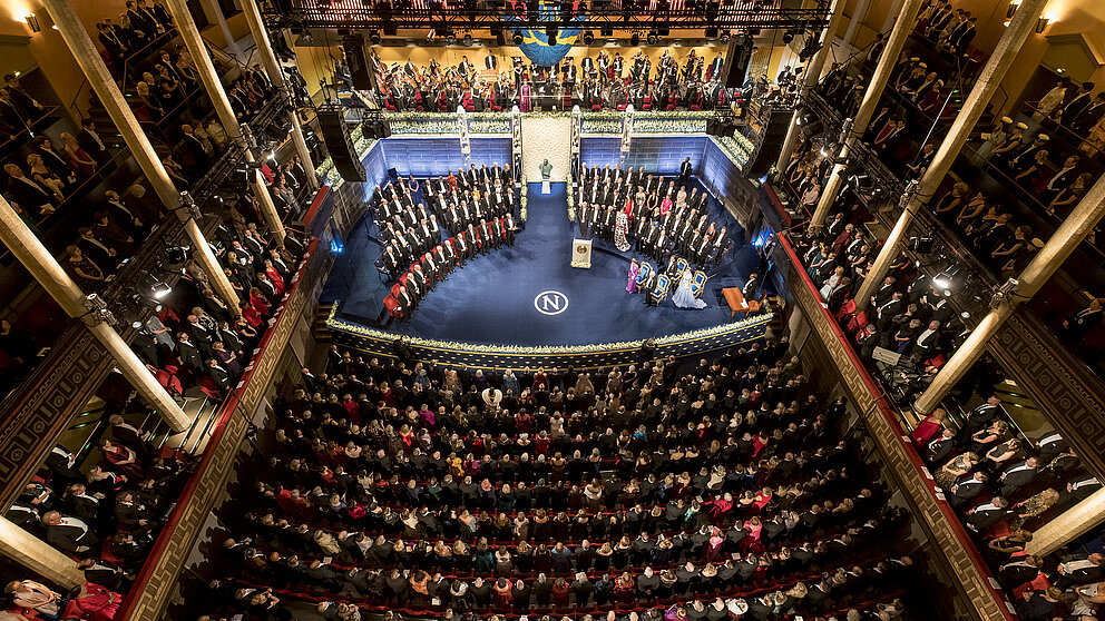 Shot of a ceremonial Nobel Prize award ceremony from a bird's eye view