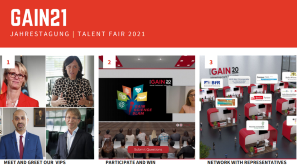 "GAIN 21 Jahrestagung - Talent Fair". Unter dem Text befinden sich Bilder mit den Präsident*innen der teilnehmenden Organsationen und ein Screenshot aus der Veranstaltungsplattform.