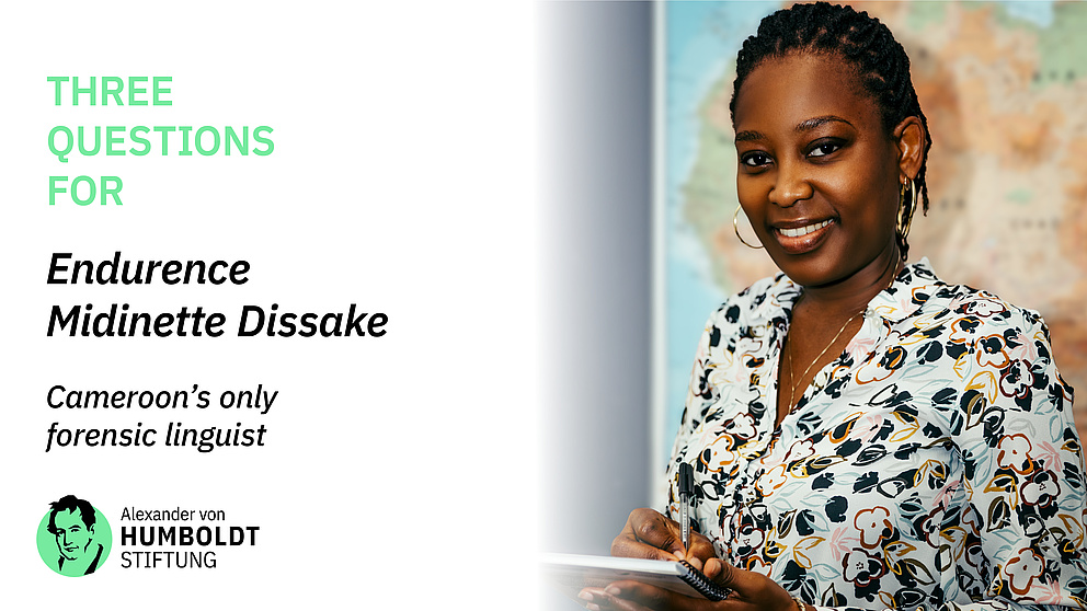 Sharepic with a photo of the Humboldtian looking into the camera and making notes on a pad with a pen. Caption: THREE QUESTIONS FOR Endurence Midinette Dissake, Cameroon’s only forensic linguist below that the foundation's logo.