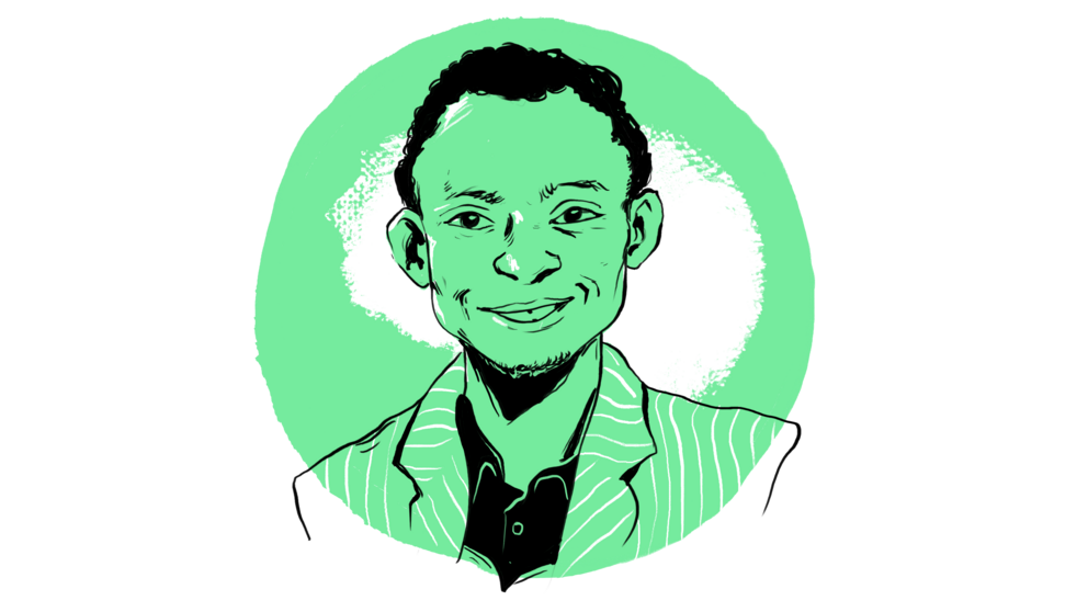 Das stilisierte Porträt zeigt einen lächelnden Mann mit lockigem Haar, der einen gestreiften Anzug trägt und vor einem kreisförmigen hellgrünem Hintergrund steht.