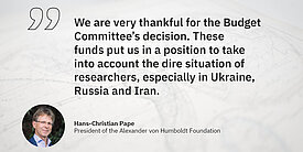 Quotation Hans-Christian Pape: We are very thankful for the Budget Committee’s decision. These funds put us in a position to take into account the dire situation of researchers, especially in Ukraine, Russia and Iran.