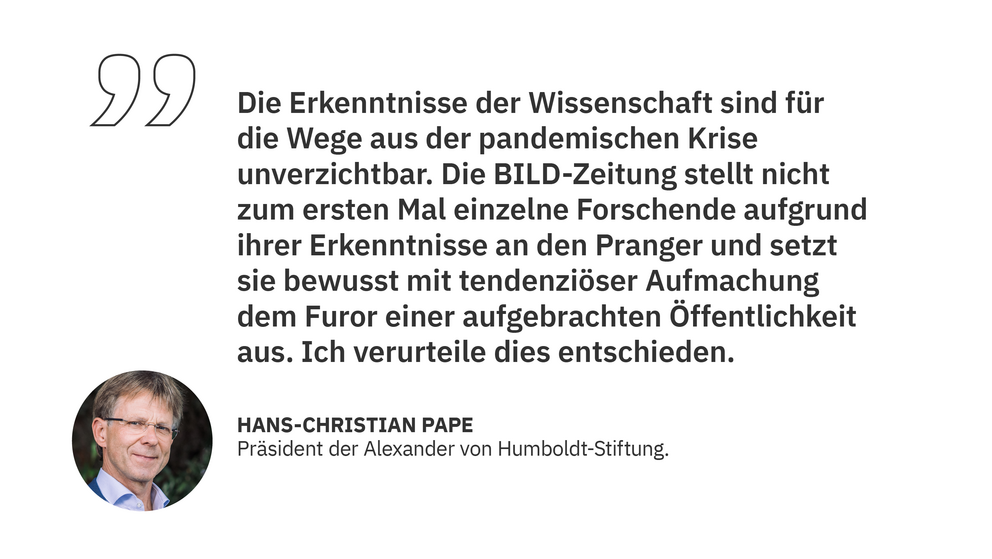 Zitat HANS-CHRISTIAN PAPE: "Die Erkenntnisse der Wissenschaft sind für die Wege aus der pandemischen Krise unverzichtbar. Die BILD-Zeitung stellt nicht zum ersten Mal einzelne Forscherinnen und Forscher aufgrund ihrer Erkenntnisse an den Pranger und setzt sie bewusst mit tendenziöser Aufmachung dem Furor einer aufgebrachten Öffentlichkeit aus. Ich verurteile dies entschieden."