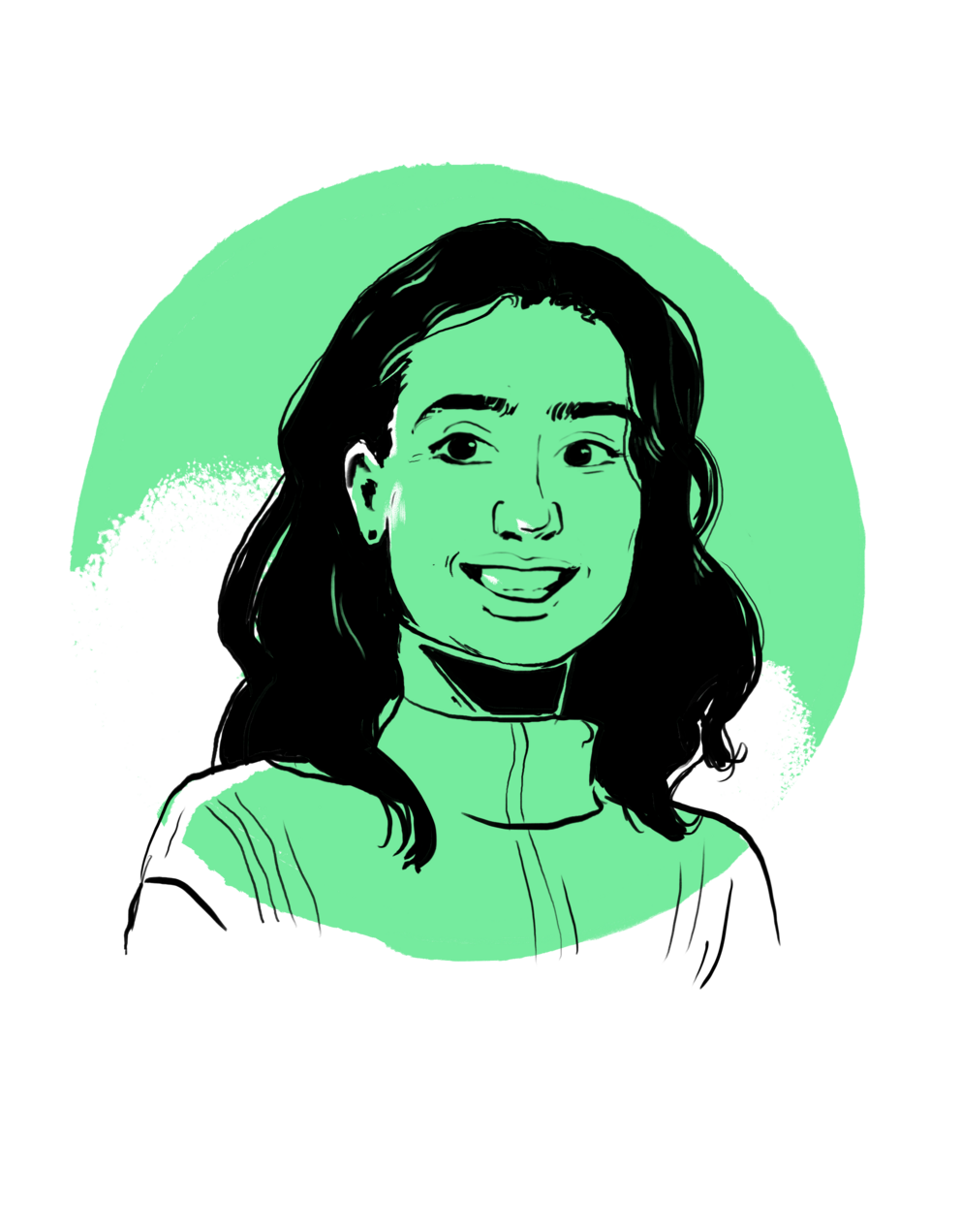 Das stilisierte Porträt zeigt eine lächelnde Frau mit schulterlangem Haar vor einem hellgrünem kreisförmigen Hintergrund.