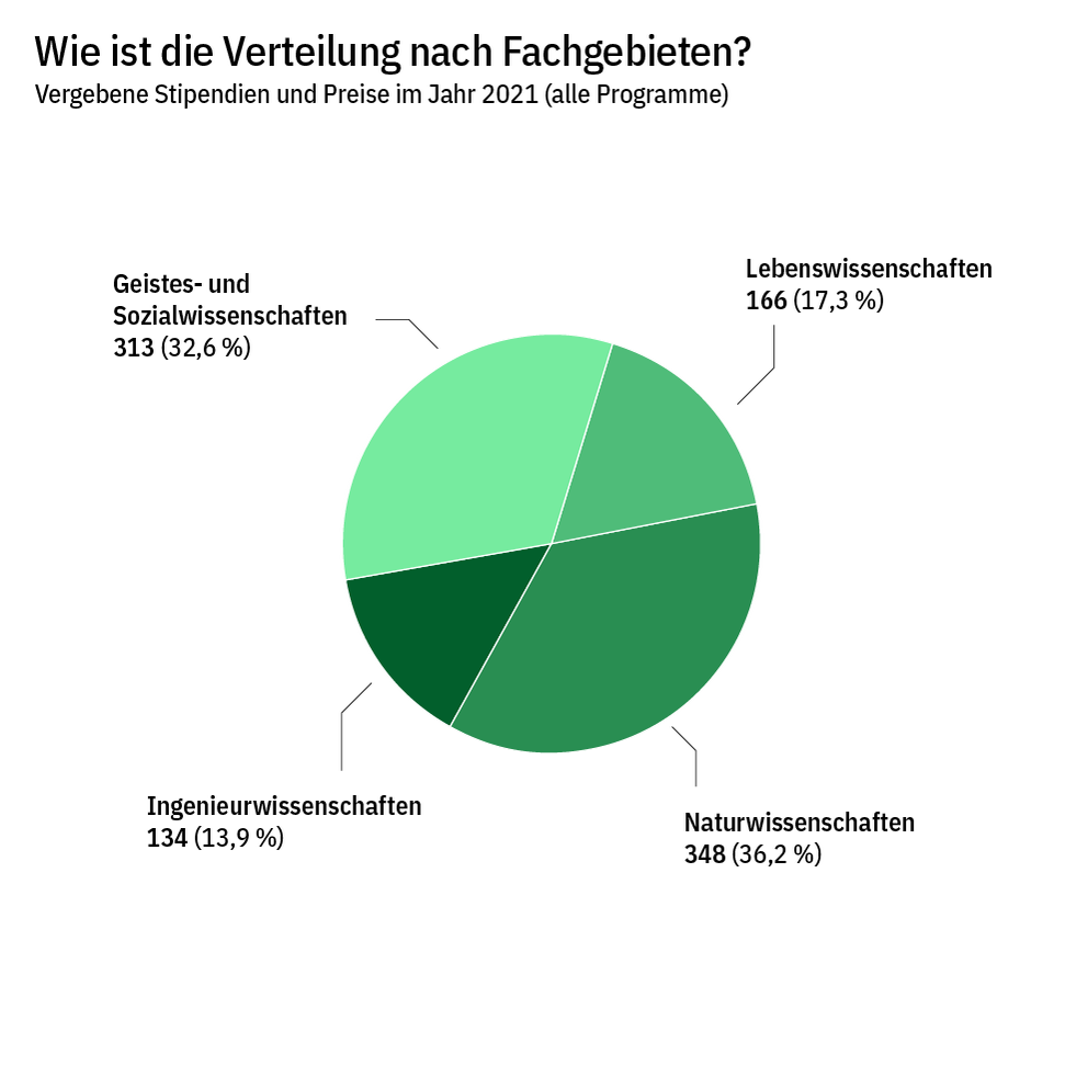 Kuchendiagramm: An ausländische Forscher*innen vergebene Stipendien und Preise im Jahr 2021 nach Fachgebieten; Geistes- und Sozialwissenschaften 313; Lebenswissenschaften 166; Naturwissenschaften 348; Ingenieurwissenschaften 134; 