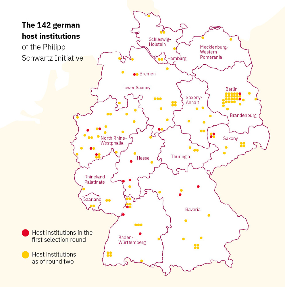 Map of Germany featuring the host institutions of the Philipp Schwartz Fellows