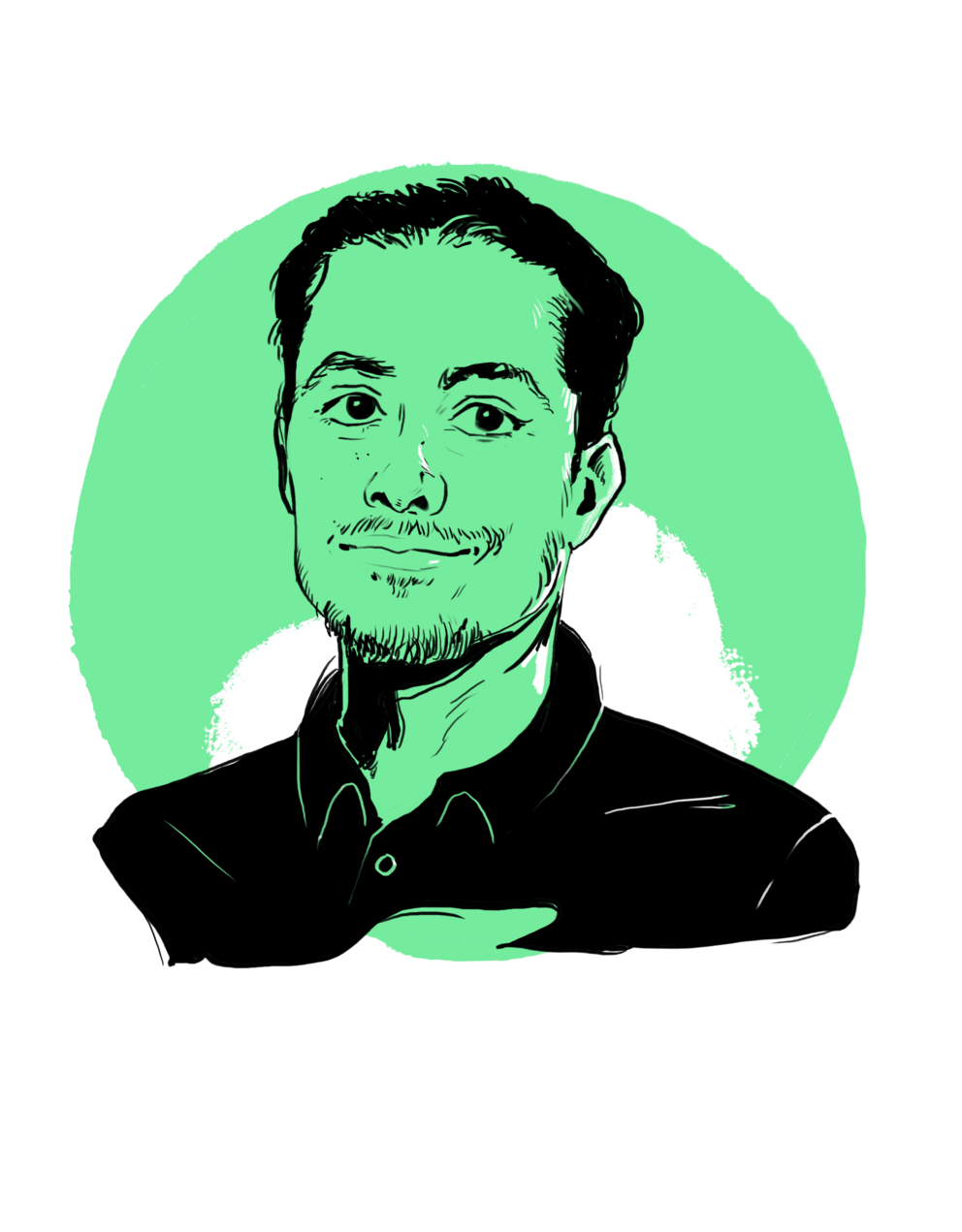 In einem stilisierten Porträt lächelt der Mann, während der grüne Hintergrund eine lebendige Atmosphäre schafft.