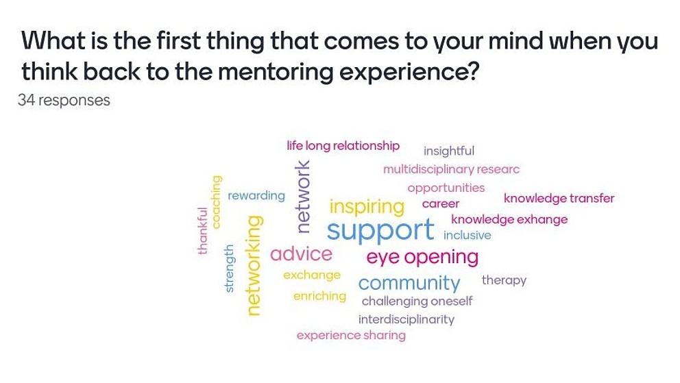 Wortwolke mit Antworten auf die Frage "What is the first word that comes to your mind when you think back to the mentoring experience?" In der Mitte steht zum Beispiel "support", "inspiring", "eye opening", "network", "cmmunity", "advice"