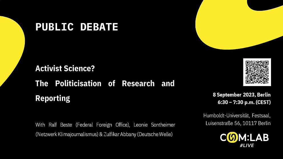 Flyer für öffentliche Debatte am 8. September, schwarzer Hintergrund mit gelben Wellen und allen Fakten zur Veranstaltung auf einen Blick. 