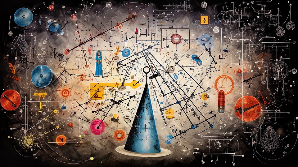 Abstrakter, digitaler, futuristischer Hintergrund mit Symbolen aus der Mathematik und Physik sowie einem Netzgitter. 