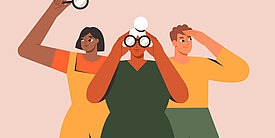 Illustration zwei Frauen und ein Mann schauen mit Fernglas und Lupe in unterschiedliche Richtungen