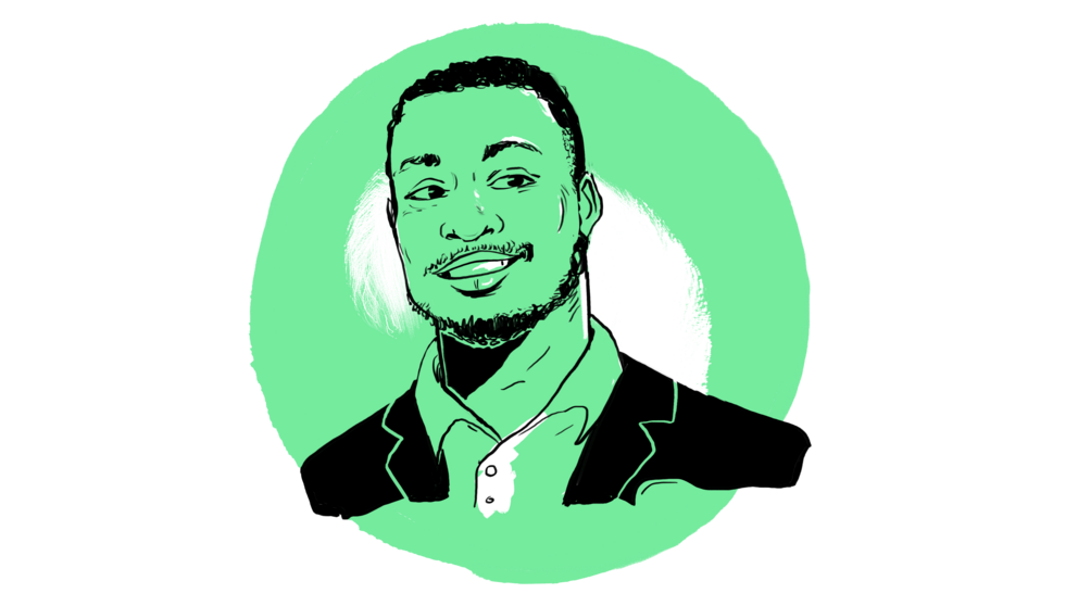 Das stilisierte Porträt zeigt einen lächelnden Mann in einem schwarzen Anzug mit einem weißen Hemd, vor einem kreisförmigen hellgrünem Hintergrund.