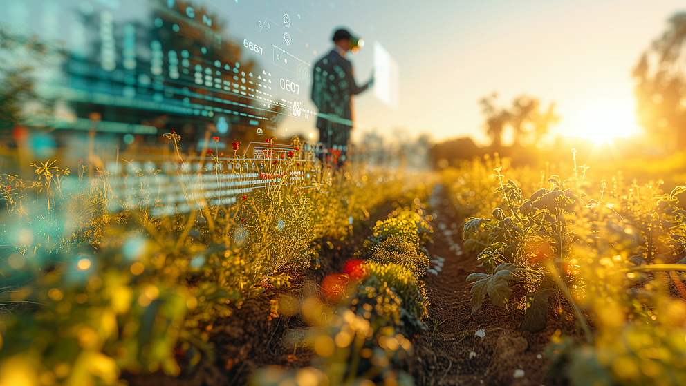Agronom auf einem Feld vor einem Gewächshaus bei Sonnenuntergang