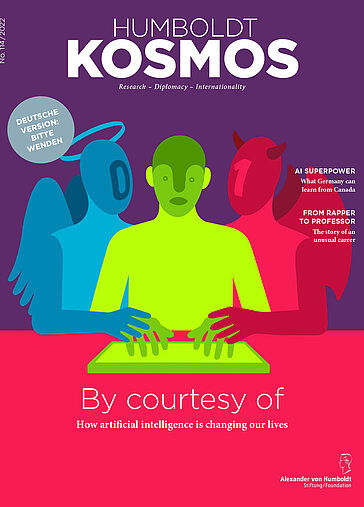 Cover of the magazine with symbolic image for advantages and disadvantages of artificial intelligence: A human being, between an angel and a devil figure, touches a tablet PC with his hands.
