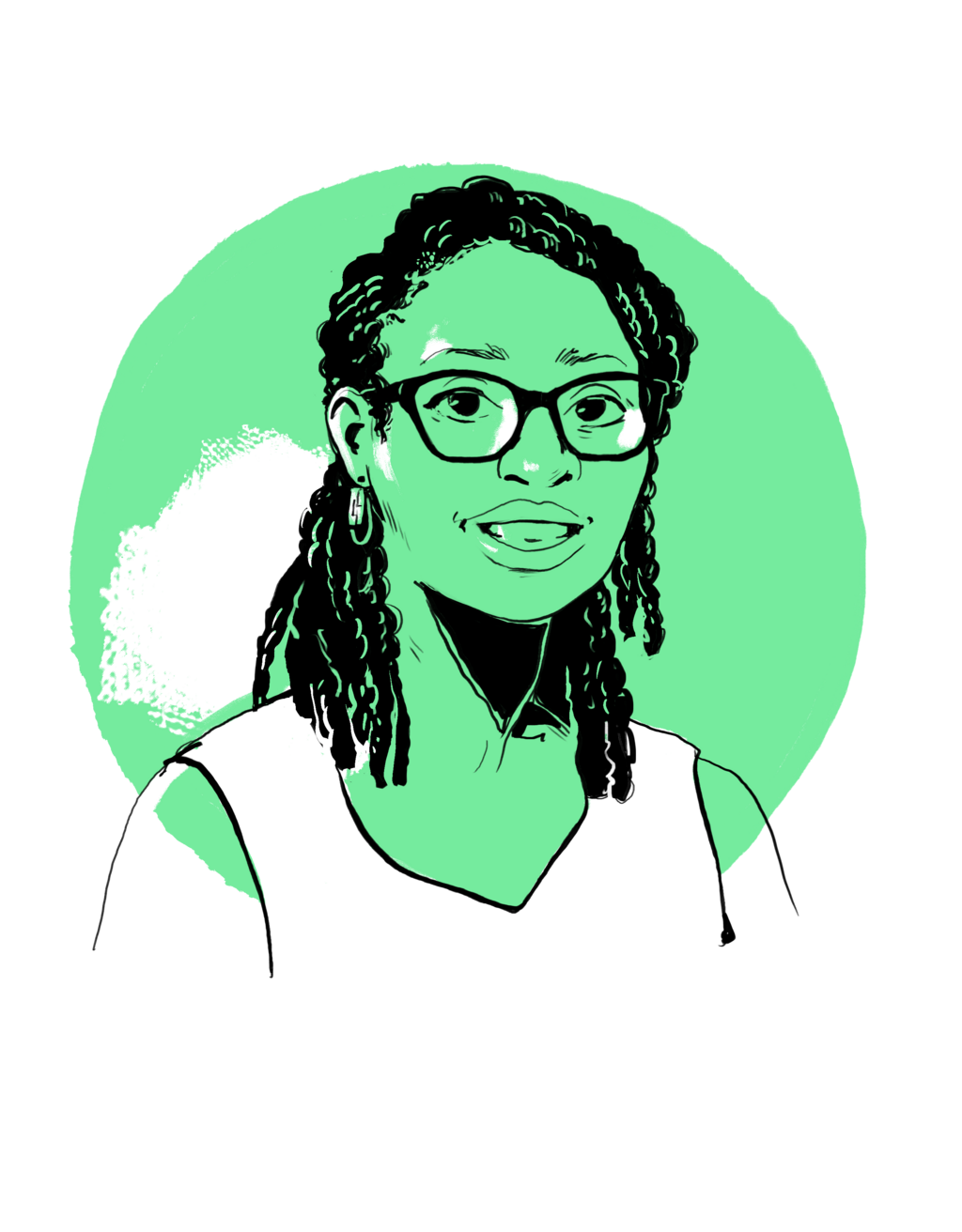 Die Illustration zeigt eine Frau mit einem offenen Lächeln, die in einem minimalistischen, grünen Design dargestellt ist.