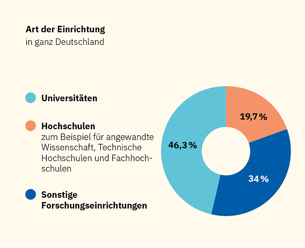 Grafik: Gastinstitutionen der Philipp Schwartz-Stipendiat*innen. 48 Prozent sind Universitäten, 20 Prozent Hochschulen, 32 Prozent sonstige Forschungseinrichtungen.