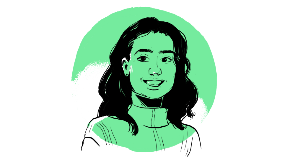 Das stilisierte Porträt zeigt eine lächelnde Frau mit schulterlangem Haar vor einem hellgrünem kreisförmigen Hintergrund.