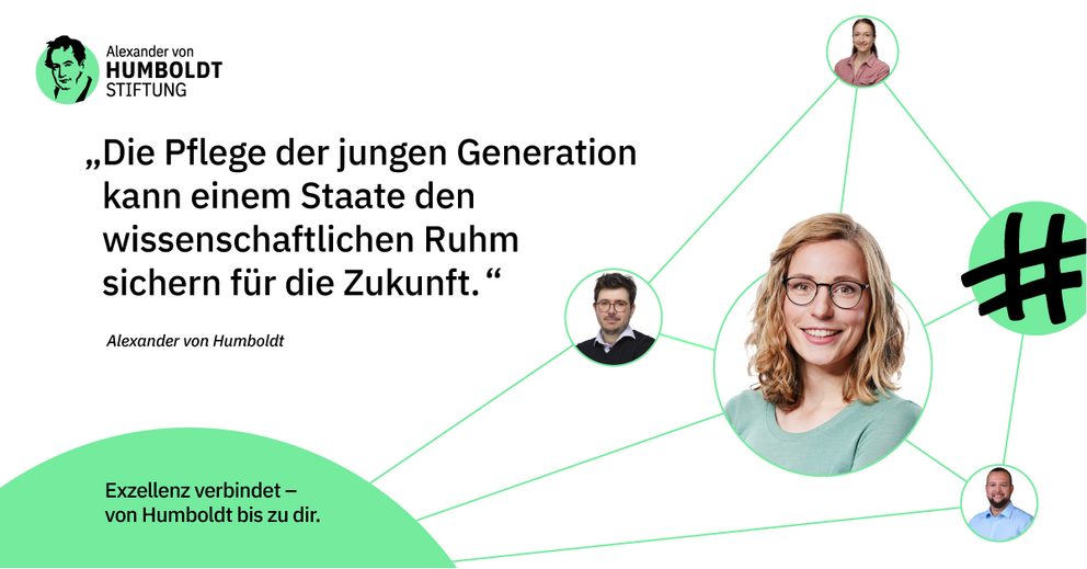 Abgebildet sind Fotos von vier Mitarbeiterinnen und Mitarbeitern. Diese sind verbunden durch grüne Fäden und den Slogan / Leitsatz der Stiftung als Arbeitgeberin: Exzellenz verbindet – von Humboldt bis zu Dir. Das Bild enthält außerdem ein Zitat von Alexander von Humboldt.