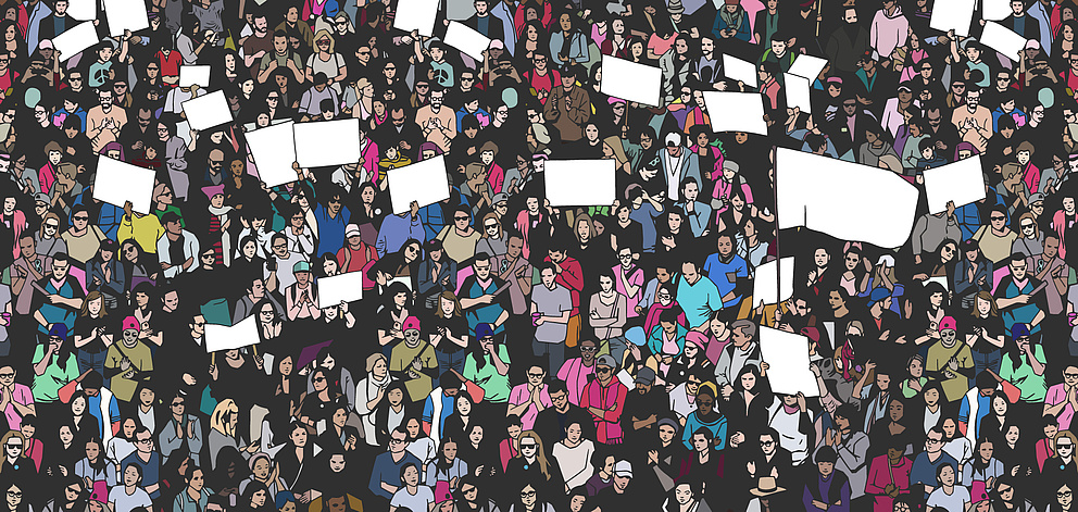 Illustration einer Menschenmenge, die mit leeren Schildern und einer Flagge für die Menschenrechte protestiert