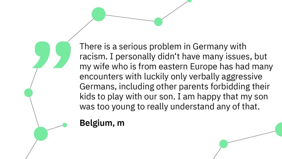 Quote:“There is a serious problem in Germany with racism. I personally didn't have many issues, but my wife who is from eastern Europe has had many encounters with luckily only verbally aggressive Germans, including other parents forbidding their kids to play with our son. I am happy that my son was too young to really understand any of that.” (Belgium, m)