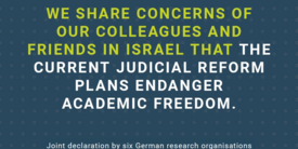 We share concers of our colleagues and friends in Israel that the current judicial reform plans endanger academic freedom. Joint declaration of six research organisations.
