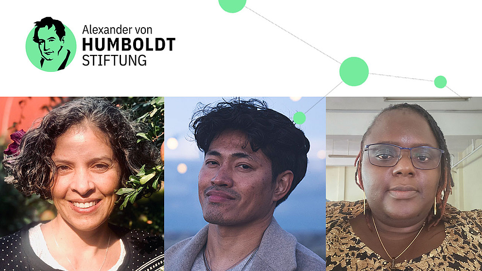 Die drei Preisträger*innen des Humboldt-Alumni-Preises 2024 im Portrait. Über ihnen ist die Netzwerkgrafik und das Logo der Humboldt-Stiftung zu sehen.