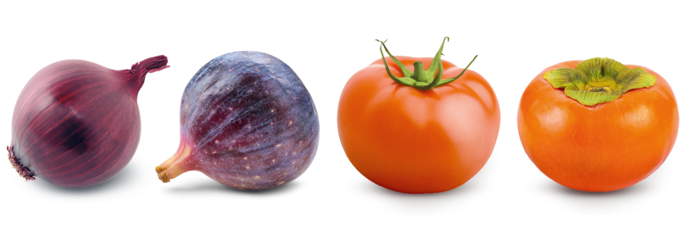 Kaum zu unterscheiden: Eine Feige und eine rote Zwiebel sowie eine Tomate und eine Kaki