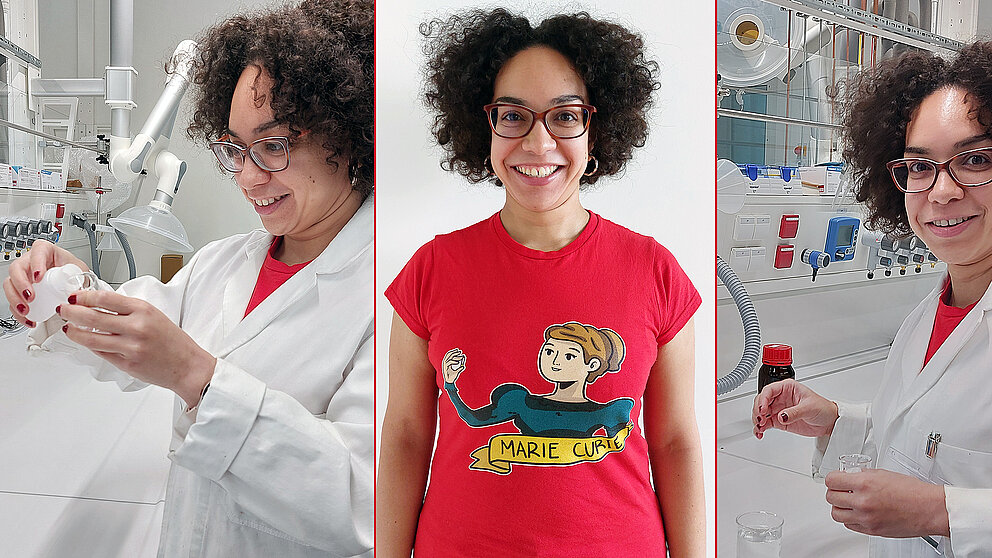 Drei Bilder nebeneinander angeordnet zeigen Maria Rita Ortega Vega in ihrem Labor sowie beim Blick in die Kamera mit einem roten T-Shirt auf dem Marie Curie zu sehen ist.