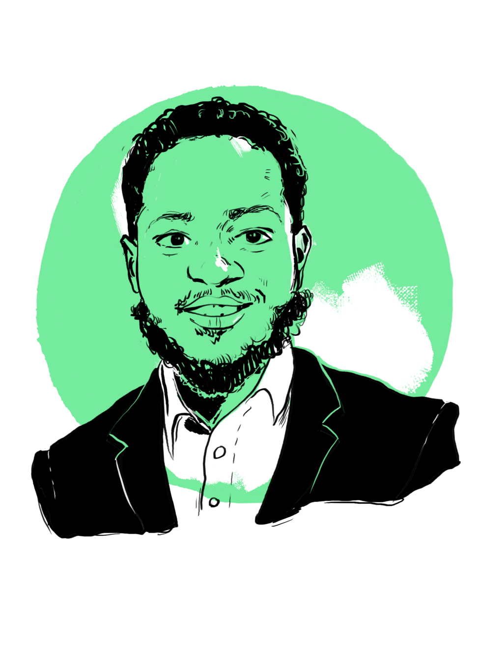 Das stilisierte Porträt zeigt einen lächelnden Mann im Anzug vor einem kreisförmigen hellgrünem Hintergrund.
