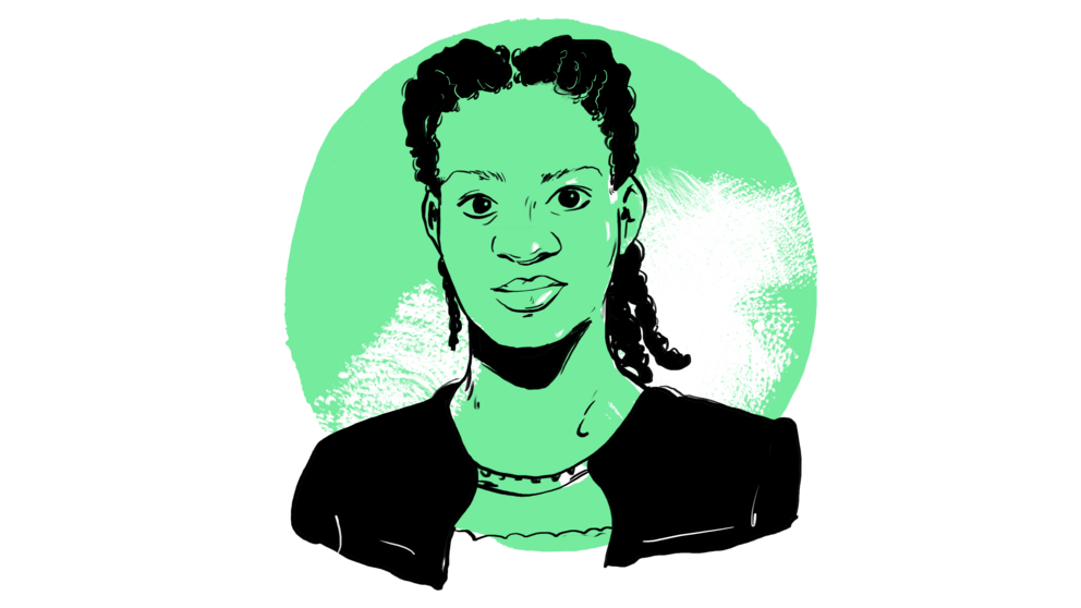 Das stilisierte Porträt zeigt eine Frau mit dunklem Haar vor einem kreisförmigen hellgrünem Hintergrund.