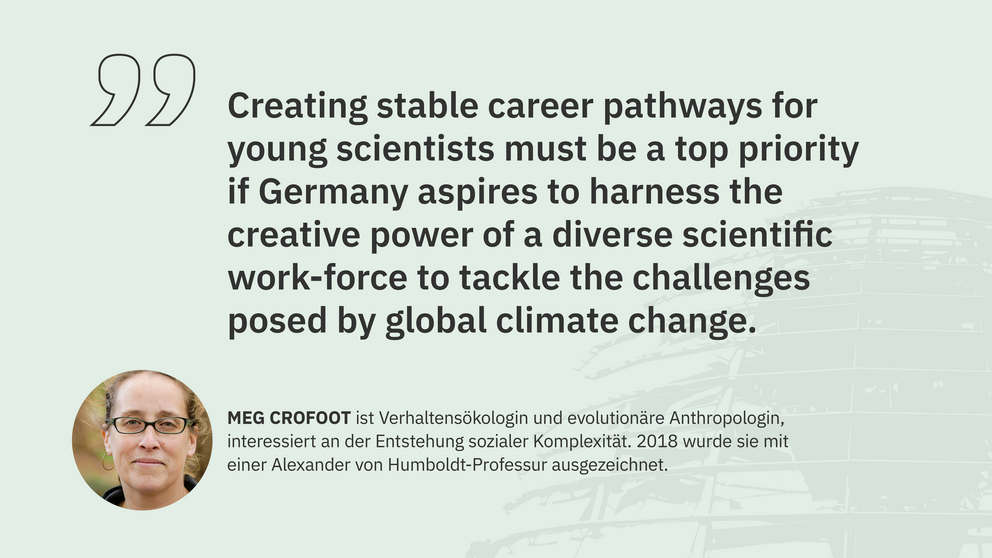 Zitat Meg Crofoot, Humboldt-Professorin an der Universität Konstanz und Direktorin am MPI für Verhaltensbiologie:"Creating stable career pathways for young scientists must be a top priority if Germany aspires to harness the creative power of a diverse scientific work-force to tackle the challenges posed by global climate change."