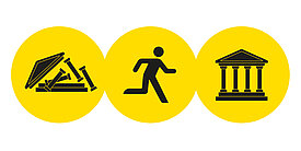 Symbolbild Philipp-Schwartz-Initiative: Drei gelbe Kreise mit einer Figur, die von einem zerstörten Tempel zu einem intakten Tempel läuft