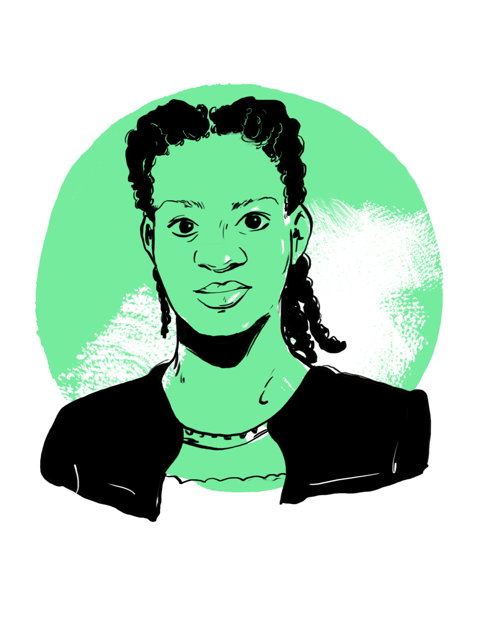 Das stilisierte Porträt zeigt eine Frau mit dunklem Haar vor einem kreisförmigen hellgrünem Hintergrund.