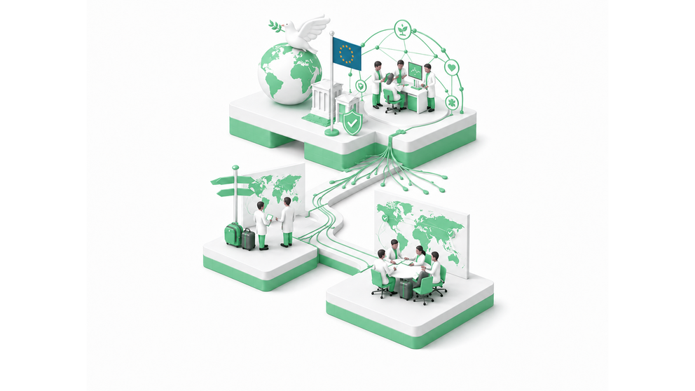 Illustration eines Zukunftsszenarios 'Gemeinsame internationele Verantwortung', internationale Netzwerke und Solidarität in der Wissenschaft