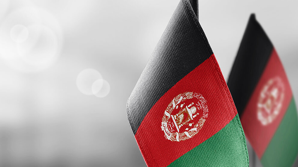 Small national flags of the Afghanistan on a light blurry background