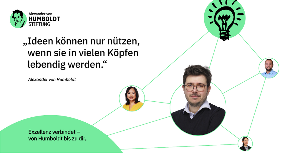 Abgebildet sind Fotos von vier Mitarbeiterinnen und Mitarbeitern. Diese sind verbunden durch grüne Fäden und den Slogan / Leitsatz der Stiftung als Arbeitgeberin: Exzellenz verbindet – von Humboldt bis zu Dir. Das Bild enthält außerdem ein Zitat von Alexander von Humboldt.