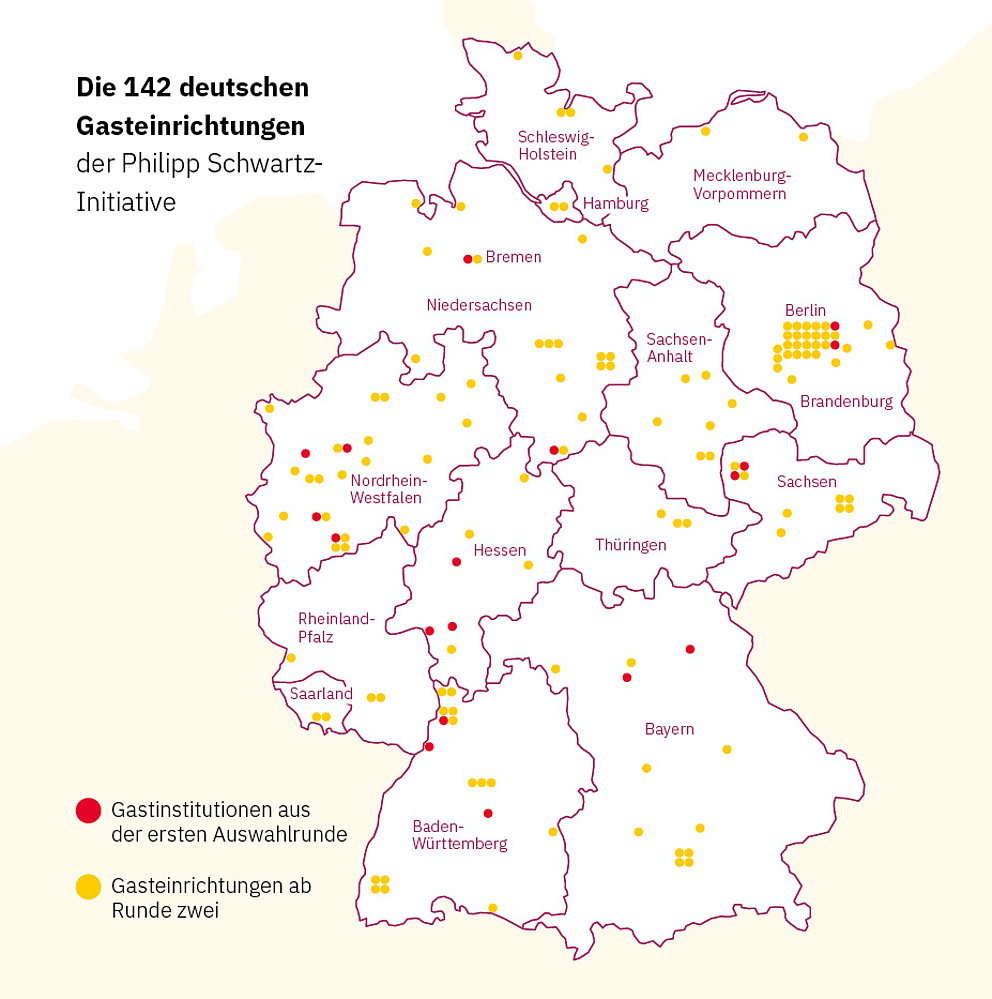 Deutschlandkarte mit Standorten der Gastinstitute der Philipp-Schwartz-Stipendiaten