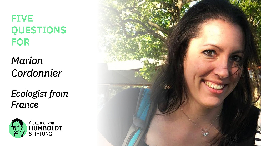 Sharepic with a picture of Marion Cordonnier. Text: Five QUestions for Marion Cordonnier - Ecologist from France. Below the foundation's logo.