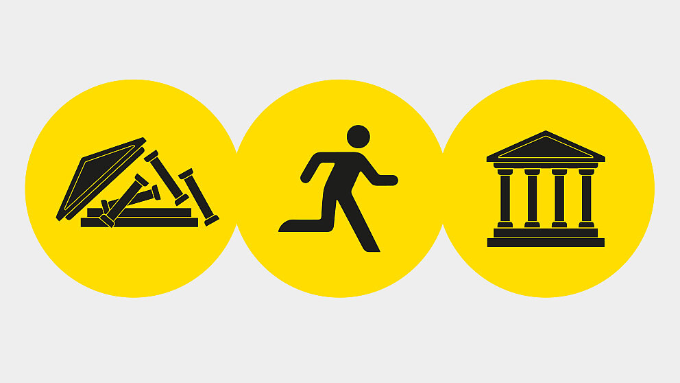 Symbolbild Philipp-Schwartz-Initiative: Drei gelbe Kreise mit einer Figur, die von einem zerstörten Tempel zu einem intakten Tempel läuft