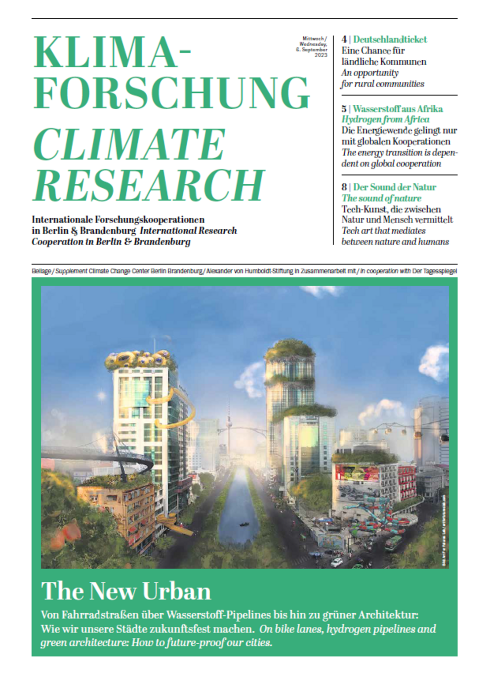 Titelblatt einer Beilage zum Tagesspiegel am 6.9.2023 mit einem von einer KI erstellten Bild von einer Stadt der Zukunft
