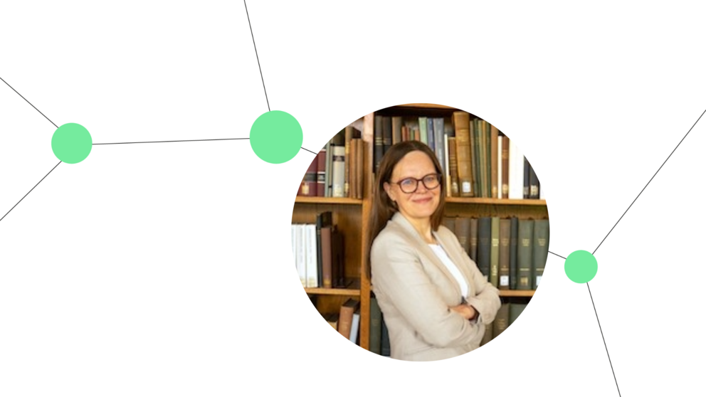 Foto von Jadwiga Kita-Huber in einem Kreis, Netzwerkgrafik au weißem Hintergrund