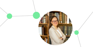 Foto von Jadwiga Kita-Huber in einem Kreis, Netzwerkgrafik au weißem Hintergrund